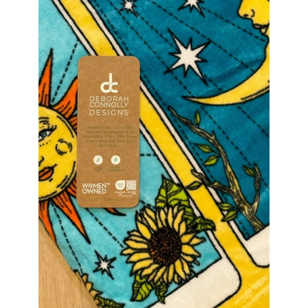 Deborah Connolly Designs Tarot Card Beach Towel Sun Moon Teal Yellow 36x68 NEW